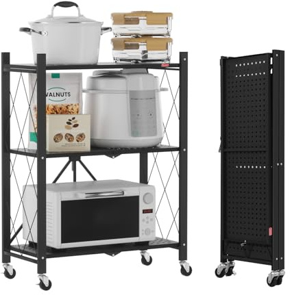 DEANIC Klappregal, 3 Regal Bücherregal, Küchenregale mit Rollen, Metallregal zur Aufbewahrung für Wohnzimmer, Speisekammer (61 x 85 x 28 cm,Schwarz)