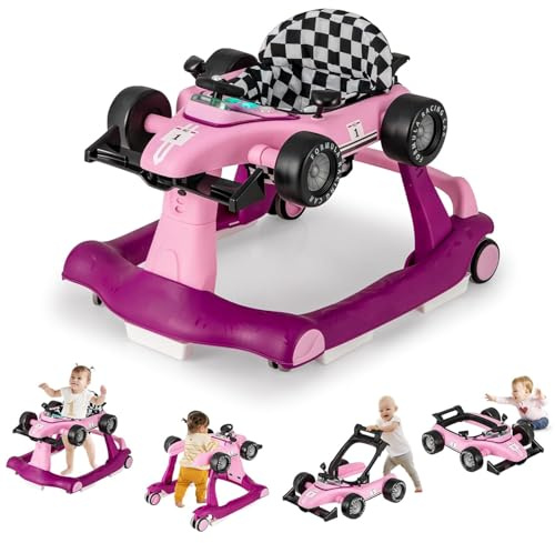 GOPLUS 4 in 1 Baby Lauflernhilfe, Lauflernwagen höhenverstellbar mit Licht & Musik, Baby Walker Autoförmig mit Einstellbarer Geschwindigkeit, Gehfrei für Kinder ab 6 Monaten (Violett)