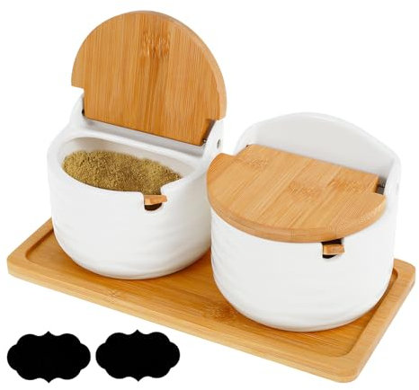 Lot de 2 sucriers avec couvercle, salière avec cuillère, pots à épices en céramique avec plateau de service, récipient à sel, boîte de rangement pour la cuisine, le sel, les épices, le poivre, les