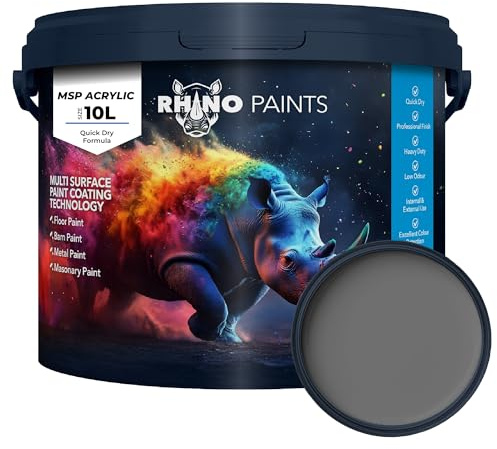 RHINO PAINTS Heavy Duty Concrete Floor Paint 10L Mid Grey, Quick Dry Industrial Floor Coating, Durable Acrylic Paint for Concrete, Garage Floors, Warehouses, Workshops,Masonry, Timber & Metal Surfaces
