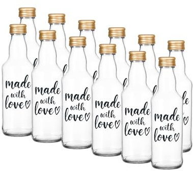 Vitrea 12 leere Glasflaschen 500ml Made With Love Schraubverschluss Gold - Flaschen zum Befüllen mit Deckel - für Saft, Getränke, Likör, Öl, Saucen (Gold, 500 ml HML)