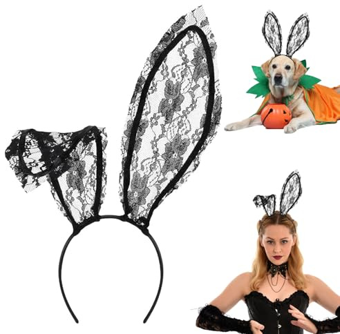 QIZHIQIAMY Hasenohren Haarreif Schwarz Spitze/Weiß Bunny Ears für Erwachsene – Kostüm Accessoire für Ostern & Halloween, Karneval Cosplay