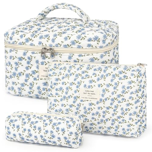 YMIFEEY 3 Stück Kosmetiktasche Kulturtasche Damen Kulturbeutel Make Up Tasche Groß Klein Set, Schminktasche Makeup Bag Waschtasche Reise Cosmetic Bag Beauty Case Organizer für Frauen (Blau Blumen)