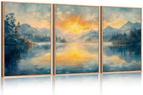 ANHUIB Landschafts Poster Bilder Wald Sonne Landschaft 3 Wandbilder Set mit Rahmen Landschaft Abstrakte Leinwand Wandkunst Natürliche Poster Wanddeko für Wohnzimmer Schlafzimmer Bad Büro 30×40cm