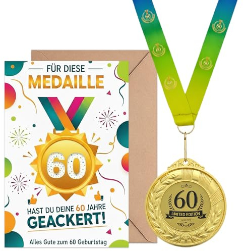 LOOBEAR 60 Geburtstag Geschenk mit Medaille,Geburtstagskarte 60, Umschlag,60 Geburtstagsgeschenk für Männer und Frauen,Lustige Geburtstagsgeschenke,Alles Gute zum 60 Geburtstag