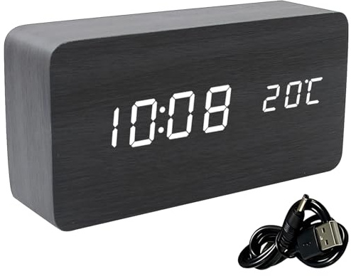 Funabridge Orologio da parete digitale a LED, in legno nero, design moderno, multifunzione, visualizzazione della temperatura e dell'ora, orologio atomico, alimentato a batteria e USB, per camere da