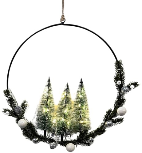 Türkranz Weihnachten Beleuchtet Weihnachtskranz Haustür mit Beleuchtung Weihnachtsdekoration Innen Fensterdeko Hängend Türdeko mit Tannenbäumen und Kugeln Warmweiße LED's Batteriebetrieben ca. Ø 30 cm