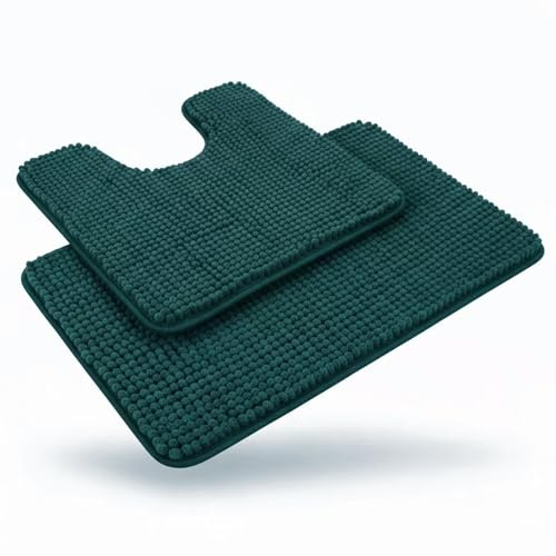 Linruione Badematte Grün Set, Weich Chenille Duschvorleger rutschfest 1400g/m² Badezimmerteppich Waschbar Badvorleger 50x80cm und WC Vorleger mit Ausschnitt 50x50cm