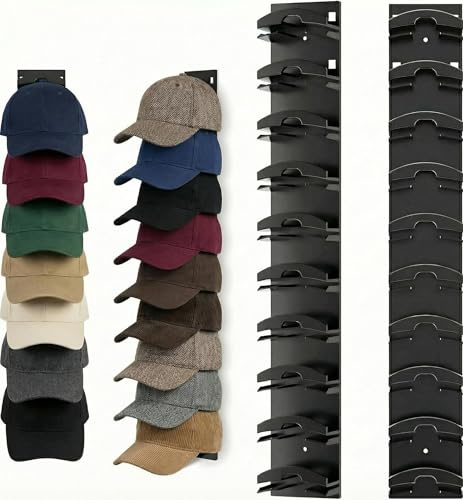 Furkoazki 2 Pack Hat Organizer for Baseball Caps - Wall Mounted Cap Storage Rack, Black Adhesive Hanger Display, Holds 20 Hats, Multi-Layer Design for Door and Closet