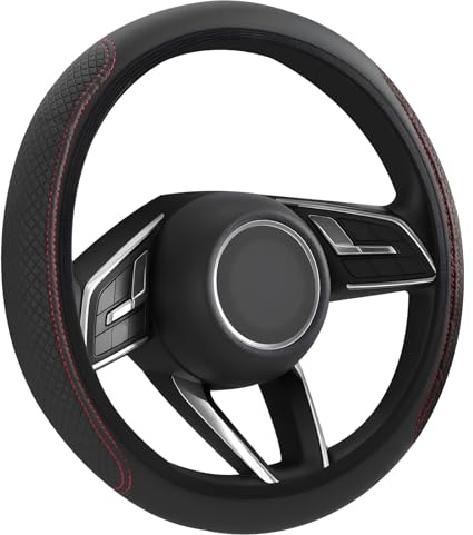 Flintronic Funda Volante Coche Universal, Cubierta Volante Coche, Accesorios Coches Interior, Funda Volante Cuero Poli-Piel, Antideslizante, con un Diámetro de 36-38 cm - Rojo Negro