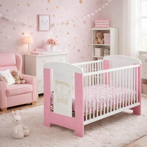 Baby Happy Bliss Babybett Kinderbett 120x60 cm aus massivem Buchenholz – 3-Fach höhenverstellbar, 3 herausnehmbare Sprossen, EN 716 geprüft – Weiß/Rosa, Prinzessin | Modell Kamil