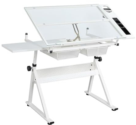 Verstellbarer Zeichentisch mit Glasplatte und Hocker, 0°-75° neigbar, Höhe 80-125,7 cm, 2 Schubladen für Künstler, Architekten und Designer