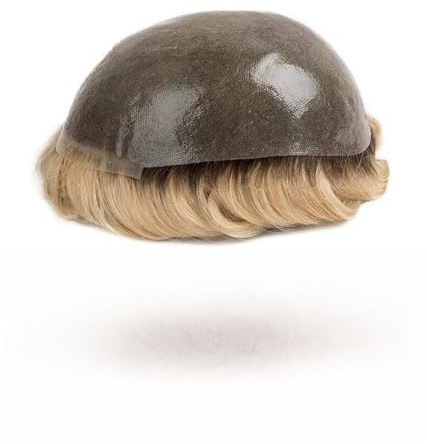 Für Männer Dünne Haut, männliche Haarprothese, weiche Voll-PU-Basis, Herren-Toupet, Doppelknoten, braune Wurzeln, Ombre-Blond, Haarteil-Perücke, indisches Echthaar-System, Einheiten Perückenkopf(7x9)