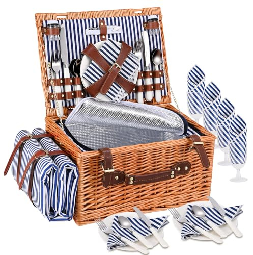Couleeur Cestino da Picnic in Vimini per 4 Persone, Cesto Picnic con Scomparto Termico, Coperta Impermeabile, Piatti, Bicchieri, Posate, per Campeggio, Festa all'Aperto, Spiaggia, Escursioni, Blu