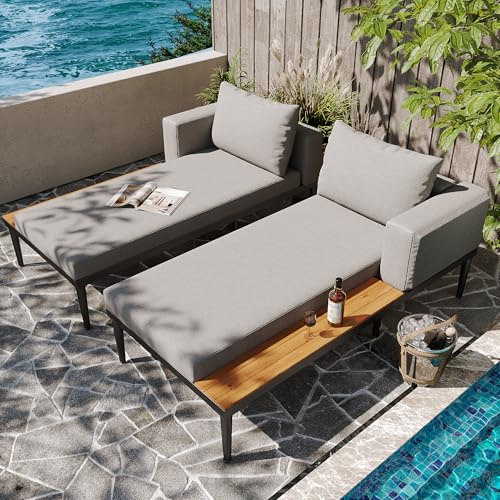 Merax Garden Furniture Outdoor Daybed 2-Seater, Modular Patio Double Sun Lounger Set with Wood Side Table, Waterproof Cushions, Sturdy Iron Frame Lounge Furniture for Garden & Poolside, Grey