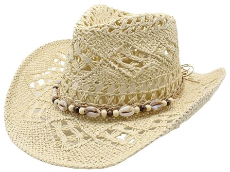 Generisch Cowboy Hut Damen Stroh Cowboyhut UV -Schutzstroh Sommerhut Strohhut für Frauen Westernhut Sommer Atmungsaktiv Cowboyhüte Panamahut Leicht Straw Sun Hat Strandhut