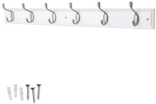 Keypak 6 Hook White Wooden Wall Mounted Coat Rack with 6 Satin Nickel Hooks - Heavy Duty Wooden Board for Coats, Hats, Bags, Tools Space Saving Wall Storage Organiser, Fixings Included