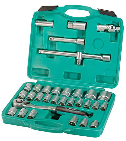 WIESEMANN 1893 Steckschlüsselsatz 32tlg mit Zündkerzen-Einsatz I 1/2 KFZ Set mit Knarre & Adapter aus Q-20 Stahl I Steckschlüssel-einsätze Sechskant und Zwölfkant im Werkzeugkoffer I 80096