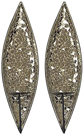 DecorShore Bella Palacio” Mirrored Glass Mosaic & Metal Wall Mounted Decorative Candle Holder Wall Sconce, Set of 2 Large Size 18 in. Light Weight Wall Decor