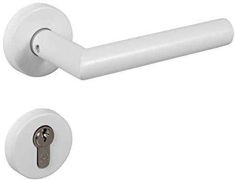 Gedotec Drückergarnitur Edelstahl Türbeschlag weiß matt Türgriff Zimmertür auf Rund-Rosette - CHAPO | PZ - Zylinder | Türklinke Vintage für Innentüren | 1 Set Rosetten-Garnitur L-Form inkl. Schrauben