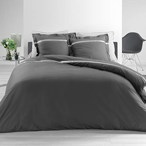 Douceur d'Intérieur, Parure 3 Pièces (240 x 220 cm) Satinea Anthracite/Blanc, Percale de Coton