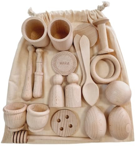 Panier à Trésor Montessori - 20 Pièces - Jeu Heuristique - Petit Ensemble d'Accessoires de Cuisine en Bois avec Sac en Tissu - Ustensiles - Panier Sensoriel (Sac+20 Pièces)