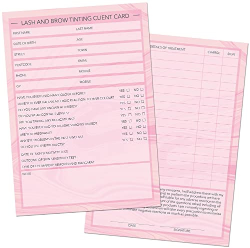 Lash & Brow Tinting Client Cards - Salone e terapeuta Consultazione Clienti - Trattamento Servizi Essenziali - Profilo e Registrazione Forms - Buoni fedeltà Beauty Stationery Confezione da 50