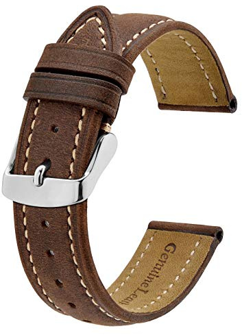 BISONSTRAP Klockrem, vintage ersättningsarmband i läder, bandbredd – 14 mm 15 mm 16 mm 17 mm 18 mm 19 mm 20 mm 21 mm 22 mm 23 mm 24 mm, Mörkbrun med tråd, 16mm, Retro