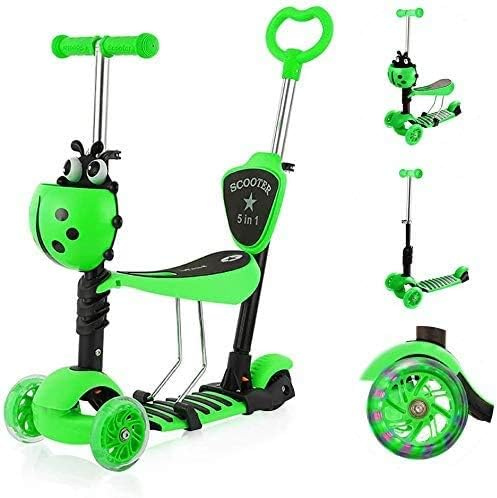 YOLEO 5-in-1 Kinder Roller Scooter mit Abnehmbarer Karikaturkorb Sitz Schubstange PU Räder Bequeme Rückenlehne Höheverstellbare Lenker für Kleinkinder Jungen Mädchen ab 2 Jahre (Grün)