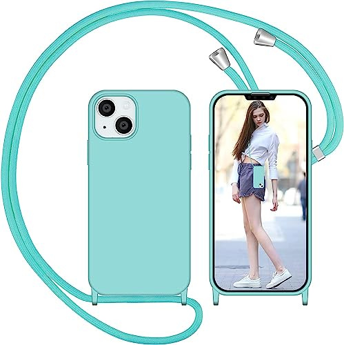 Nupcknn Coque avec Cordon pour iPhone 13, Liquide Silicone Coque Collier Réglable Téléphone Étui Portable Lanyard Case Protection Complète Cover de iPhone 13（Bleu Glacier）