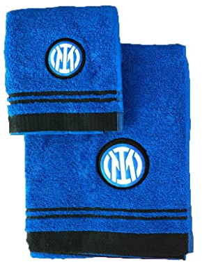 Inter, Juego de 2 Toallas de baño de Rizo de algodón con Logotipo, Toalla de Cara + Toalla bidé, 100% algodón, 60 x 100 – 40 x 60 cm, Negro y Azul, Producto Oficial