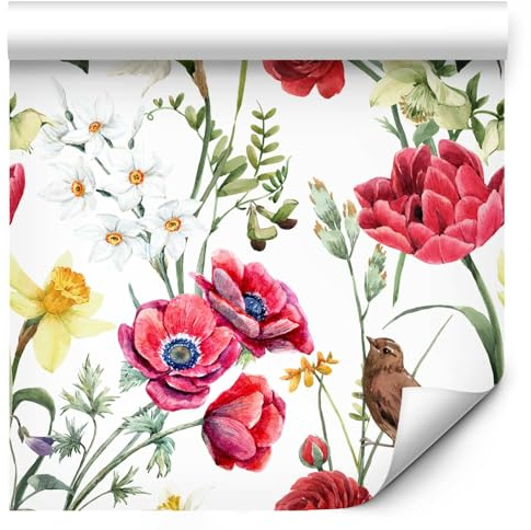 murando - Tapete selbstklebend 10m Wandtattoo dekorative Möbelfolie Dekorfolie Fotofolie Panel Wandaufkleber Wandposter Wandsticker - Vogel Blätter Mohnblumen wie gemalt b-B-10044-j-a