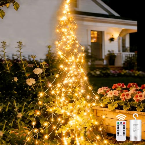 yowin Lichterkette Klein 2M 200 LED Lichterschweif mit Batterie, Timer | Fernbedienung, Lichterstrang 8 Modi Wasserfall Lichterkette Wasserdicht Lichterbündel für Gießkanne Baum Außen Innen Deko