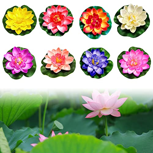 Lot de 8 nénuphars artificiels flottants, lotus artificiels, fleurs de lotus, étang de lotus, nénuphars artificiels, pour jardin, terrasse, piscine, aquarium