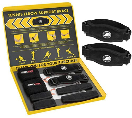 Bionix - Set di fasce elastiche per gomito da tennis e per il sudore, regolabile, con cuscinetto a compressione per alleviare il dolore, tendinite, epicondilite, supporto per gomito per uomini e donne