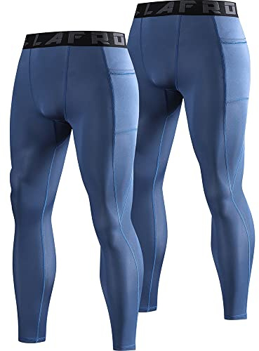 LAFROI Men's 2-Pack Quick Dry Cool Compression Fit Tights Leggings Waistband-YSK08 Pocket Grayish Blue Size LG