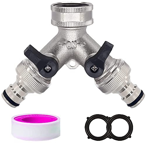 2-Wege-Messinghahn, Gartenschlauchumlenker mit separatem Schalter und zwei Schnellanschlüssen,Vernickelter 2-Wege-Messinghahnverteiler - massiver Messing (silber)