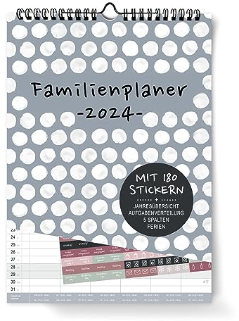 Familjeplanerare 2024 6 kolumner väggkalender | DIN A3 I För upphängning i köket | familjekalender och klistermärken, semesterdatum, årsöversikt, extra sida för semesterplanering ..