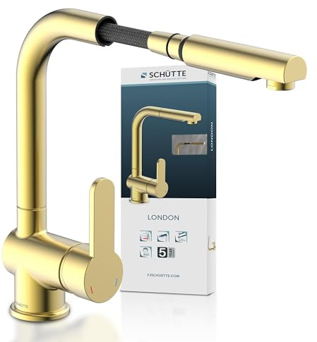 SCHÜTTE 79770 London Küchenarmatur mit ausziehbarer Geschirrbrause, 360 Grad schwenkbarer Wasserhahn für die Küche, Mischbatterie mit Einhebelmischer, Spültischarmatur in Gold