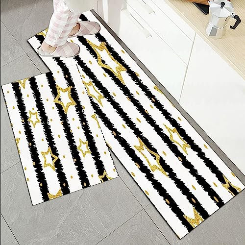 Küchenläufer Küchenmatte 2 Stück 45x70cm+45x120cm,Stern, goldene Sterne und Punkte mit Digitaleffekt auf gestreiftem Mus,Rutschfest Pflegeleicht, Anti-Müdigkeit Küchenteppich Teppich Läufer für Küche
