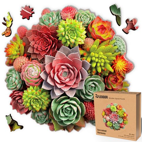 LEOGOR Holzpuzzle Sukkulenten für Erwachsene, 500 Teile, 47,5 x 46,2 cm Naturholz-Puzzle mit Pflanzenmotiv, kreative Familienzeit, Geschenkidee zum Geburtstag und dekoratives Sammlerstück