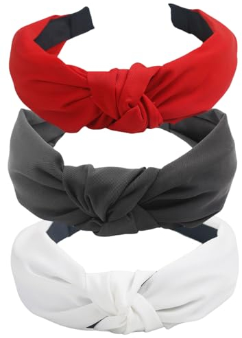 scicent Haarschmuck 3 Stück Haarreif Vintage Damen Haarband Yoga Headband Breit Haarband Retro Stirnband Knoten Haarreifen Stoff für Frauen Mädchen (Schwarz+Weiß+Rot) - 1810
