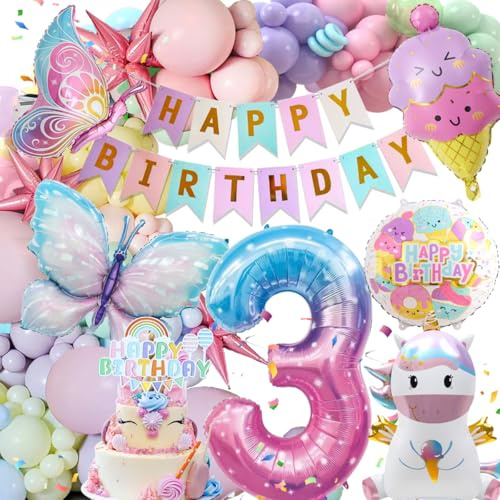 3 Jahre Geburtstagsdeko Deko Luftballons, Einhorn Deko, 3 Jahre Happy Birthday Deko, Einhorn Schmetterling Folienballon Geburtstag Deko