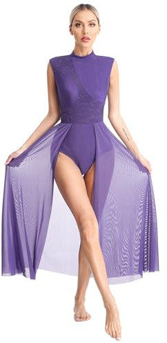Yeahdor Damen Tanzkleid Lyrisch Ärmellose Tanzbody mit Asymmetrisch Rock Spitze Ballettkleid Tango Latein Ballettanzug Tanzkleidung C Lila L