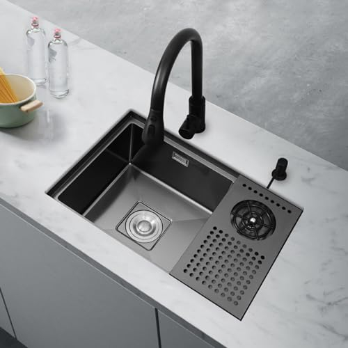 Fregadero Negro Cocina Fregadero Cocina 1 Seno y Escurridor, Fregadero Oculto con Tapa,550 * 300mm