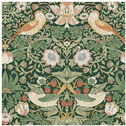 William Morris at Home Strawberry Thief Rich Green Wallpaper | Paste the Wall | Green Bird | Eco-Friendly