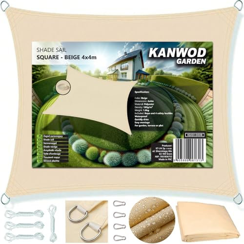 KANWOD Vela Ombreggiante Impermeabile Rettangolare, 4 x 4 m, Protezione UV, Tessuto 180 g/m², Telo Ombreggiante Esterno per il Balcone, la Terrazza e il Giardino, Beige