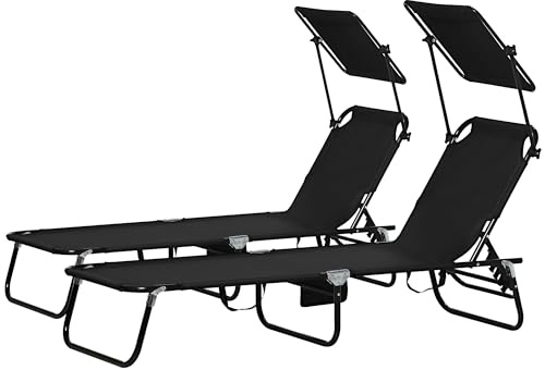 Outsunny 2 Piece Folding Sun Loungers with Canopy, Adjustable Recliner Garden Chairs with Side Pocket, Steel Frame and Breathable Mesh for Outdoor, Pool, Beach, Garden, Black