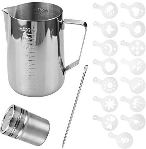 Milk Jug 900ml,Milk Jug for Coffee Machine, Pull Flower Moldan and Latte Art Pen Stainless Steel Milk Frothing Pitcher, for Hot Chocolate Cappuccino Coffee Latte Frothing Milk Art Maker