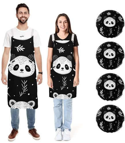 Küchenschürze aus Leinen, für Damen und Herren, Schwarz und Weiß, niedlicher Panda, Küchenschürze mit 2 Taschen, verstellbare Kochschürze, 2 Stück, Niedlicher Panda, Schwarz und Weiß,